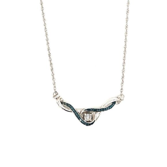 925 Sterling Silver Blue/White Diamonds Necklace - Picture 1 of 9